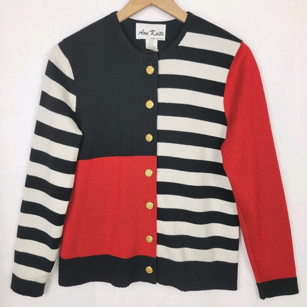 Vintage Ami Knits Cardigan USA Union Nautical Colorblock Gold Button 10 Retro